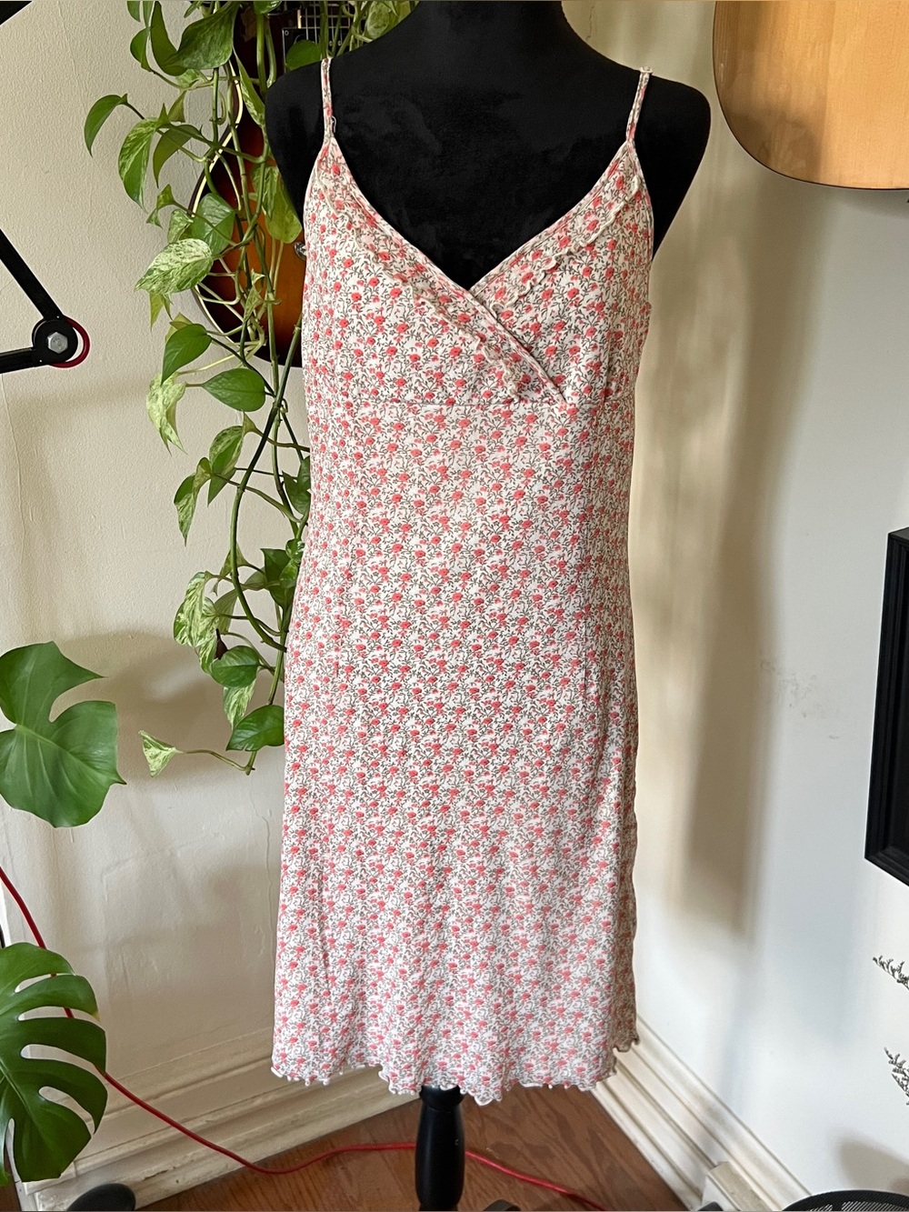 Vtg 90s ESPRIT Beige Peach Floral Spaghetti Strap Dress - Size Medium